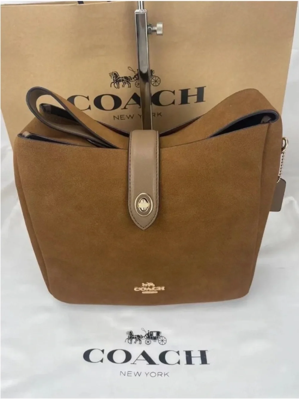 COACH Brown Suede Hobo Shoulder Bag with Gold-Tone Accent